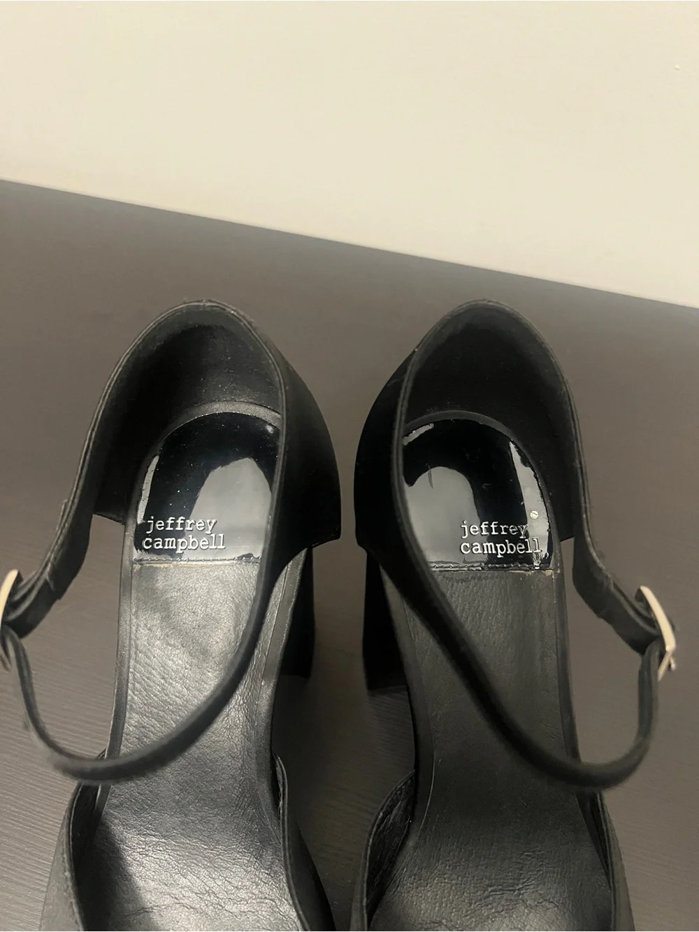 Jeffrey Campbell Ovr-N-Out Black Satin Ankle Strap Platform Pump Heel Size 9.5
